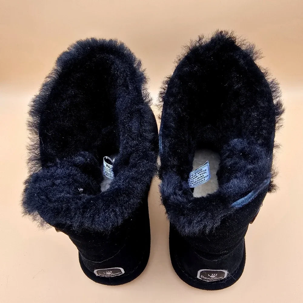 Bearpaw Rosie Black Suede Sheepskin Wool Fur Button Boots 1653W Womens 9